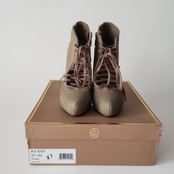 ASH Size 37.5 (US 7) Khaki Side Zipper Lace Up Ankle Boot Heels With Box - Picture 7 of 13